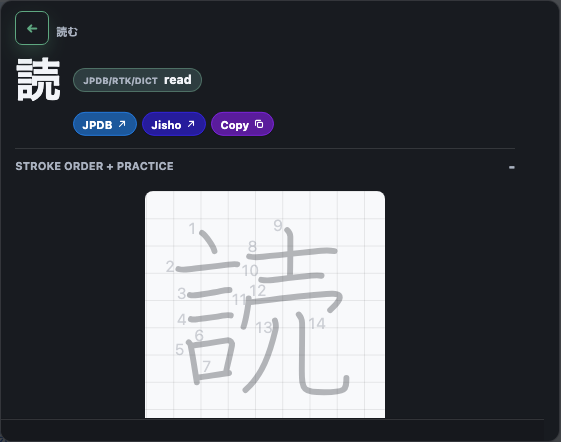 A よむ kanji drilldown panel showing Jiten, JPDB, and RTK facts with a rendered KanjiVG stroke diagram.